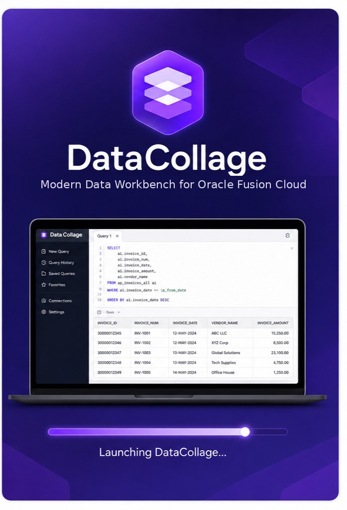 Data Collage: Modern Data Workbench for Oracle Fusion Cloud, showing the SQL editor and results grid